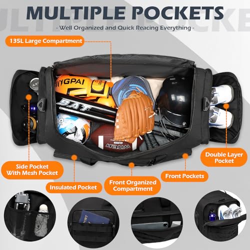 135L Large Military Tactical Duffle Bag, Travel Weekender Bag for Men Women, Sports Gym Bag with Insulated Pocket & Adjustable Strap, Black4