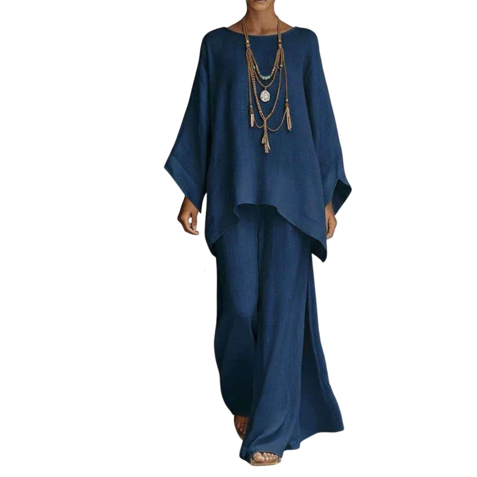 Générique Ensemble Femme 2 Pièces Été Élégant Coton Lin Rétro Boho Kaftan Col Rond Manches Chauve-Souris Pantalon Large Ample Tenue de Plage Vacances Voyage Vêtement Chic Décontracté