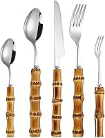 Vista 1 de Juego de cubiertos de bambú para 12, 60 piezas, juego de cubiertos de bambú natural, juego de cubiertos de mango de bambú, juego de vajilla de bambú