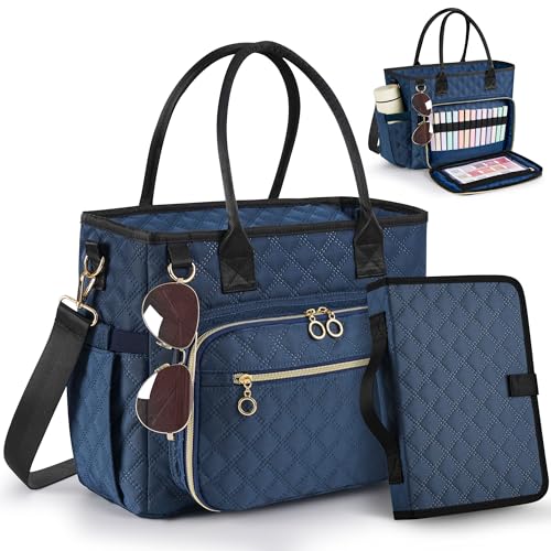 Derxizi Large Bible Bag with Bible Cover Case for Women Quilted Church Tote Bags for Bible Study Supplies Adjustable Shoulder Strap Christian Gifts for Women (Blue)