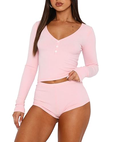 BONITEE Women Fall Long Sleeve Pajamas Sets Sexy V Neck Tops Casual PJs Shorts Lounge Outfits 2025 Cute Sleepwear 2 Piece Set - A-pink - X-Large