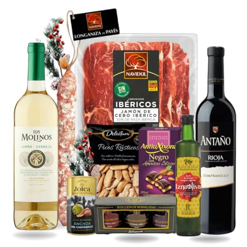FAMILYCOM. Cesta Gourmet para regalar. Surtido con Chocolates originales de regalo. Lote de embutidos, Paleta de Cebo, Longaniza Payes y Conservas, Vinos, Aceite de Oliva y Picos gourmet.