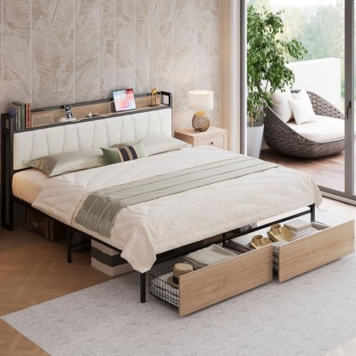 Image of LIKIMIO California King Size Bed Frame with 2 Drawers and Charging Station | Platform Bed with Upholstered Storage Headboard, No Box Spring Needed, Easy Assembly, Sturdy, Wood and Cream