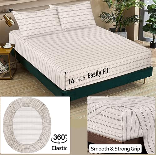 Image of RUVANTI 100% Cotton Percale Sheets California King, Brown Stripes | Crisp Cooling for Hot Sleepers, Deep Pocket 14 inch, Soft Breathable & Durable, Hotel-Style 4 Piece Set