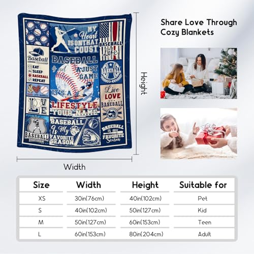Custom Baseball Blanket for Boys - 40x50 Inches Sports Throw Blanket for Boys Kids - Blue Soft Fuzzy Blankets for Couch, Sofa & Office