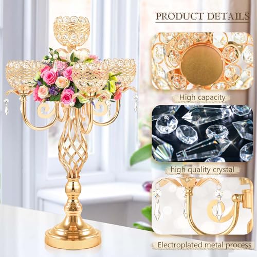Elegant 5-Arm Candelabra Centerpiece with Crystal Pendants - 23.6 Inch Tall Table Centerpiece for Weddings, Parties, Home Decor for Mother’s Day, Holidays & Special Occasions (1, Gold) - Image 5