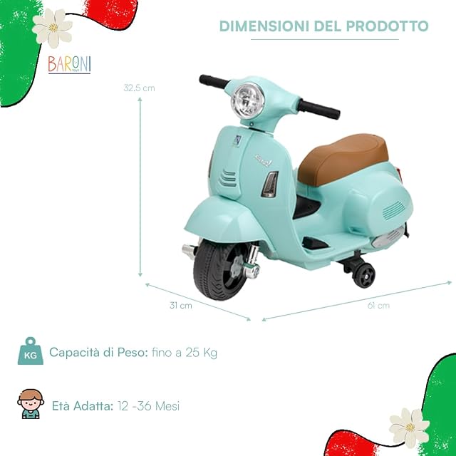 Foto 2 de 4 de Baroni Toys Scooter Eléctrico para Niños con Licencia Oficial, Moto con Ruedas, Manillar, Faros y Bocina