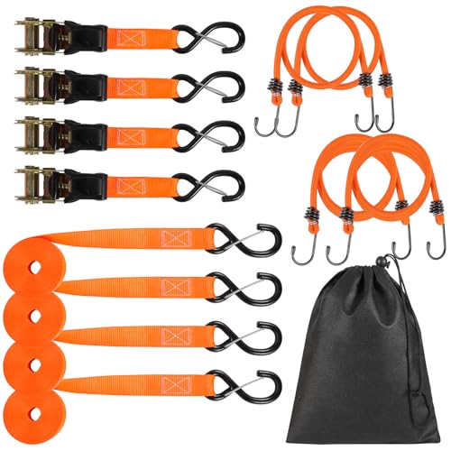 4 Pack Ratchet Straps Tie Downs Heavy Duty 1500 LBS Break Strength, Orange Tie Down Straps with S Hooks and Safety Clips, 4 Bungee Cords, Storage Bag for Motorcycle, Truck, Cargo, UTV, Trailer