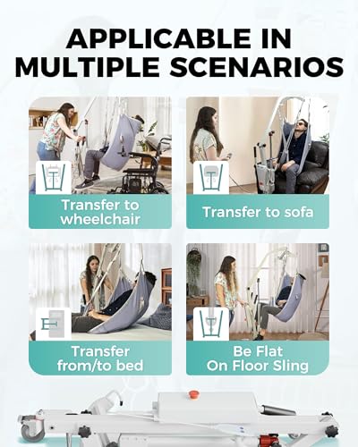 VNN Electric Patient Lift - Foldable Transfer Lift for Home Use, Floor & Fall Elderly Chair Lift, 400lb Weight Capacity with U-Sling, Hydraulic Full Body Transfer for Home, White, Installation Free