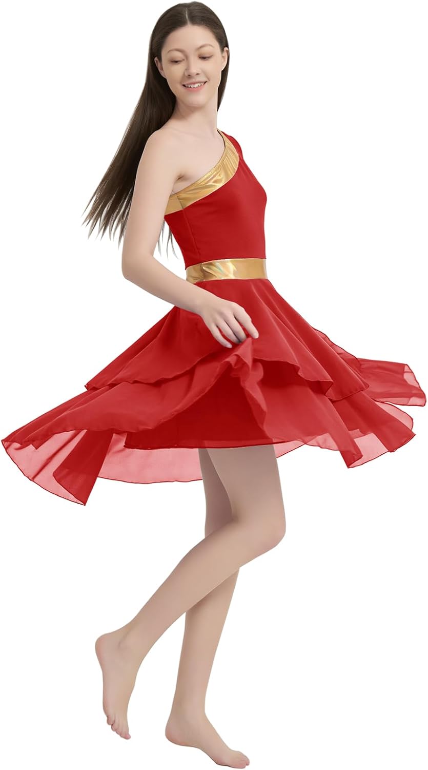 Women's Metallic Praise Dance Dress One Shoulde Split Double Liturgical Worship Dancewear Lyrical Dance Costume