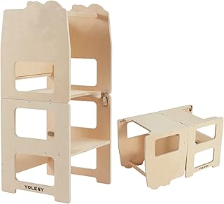YOLENY Foldable Learning Tower, 2-in-1 Learning Helper Tower, Convertible Helper Tower, Tower with Chalkboard, Kitchen Helper Stool for Toddlers, Nature