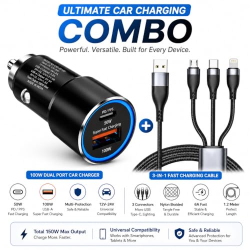 Image of 150W Dual Output Fast Car Charger with Type-C PD & USB, LED Indicator, Adapter & 3 in 1 Cable Compatible with Cars for iPhone & Android Smartphone, Earbud, Power Bank (Black) (Black+3in1cable)