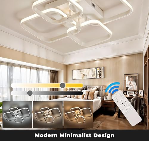 Image of PANCA Modern LED Chandelier Light for Ceiling | 3-Color Dimmable Ceiling Light with Remote Control | Acrylic White Flush Mount Fancy Ceiling Lamp for Living Room, Bedroom & Hall (58x45x12cm)