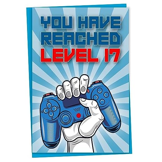 Tarjeta de 17 cumpleaños, You Have Alached Level 17, tarjeta de felicitación para niños o niñas jugadores de diecisiete años, regalo de cumpleaños para hijo o hija adolescente, nieto, nieta, azul