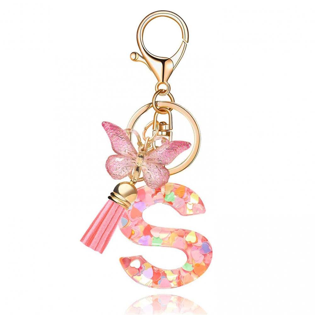 Goodern Alphabet Initial Letter Keychain with Tassel,Fashion Keychain Butterfly Pendant Key Ring,Cute Keychain for Women Girls,Purses Handbag Backpack Keychain,Car Key Keychain Tassel Key Chain-S