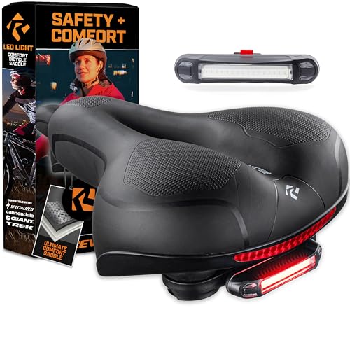 Revere Memory Foam Wide Bike Seat with Rear Safety LED Light – Comfortable Bicycle Saddle for Men & Women, Waterproof, Shock Absorbing, Ergonomic Cushion for Road, Mountain, Cruiser & Exercise Bikes