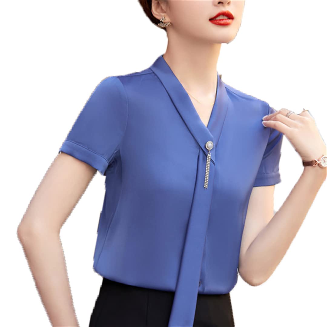 Blusas Casuales Formales Delgadas de Verano Camisa con Botones para Mujer Blusa de Negocios con Cuello en V de Manga Corta Blue XXL
