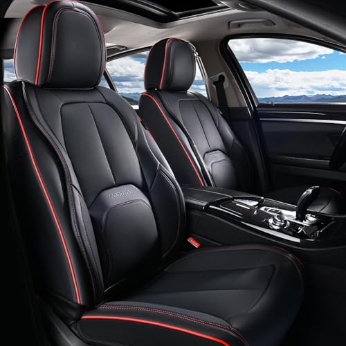 Image of Coverado Car Seat Covers Front Seats, Waterproof Leather Seat Covers for Cars, Luxury Car Seat Covers with Lumbar Support, Car Seat Protector Driver Seat Covers Universal Fit Most Cars (Black&Red)