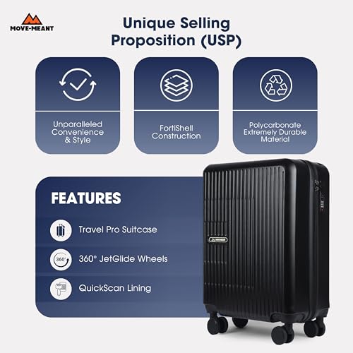 Image of Move-Meant Travel PRO Cabin Size Trolley Bag for Travel, 55cm, Black - Small Hard Shell Luggage - 360 Degree Spinner Wheels - Unisex - Polycarbonate Suitcase - Combination Lock - Flight Short Trips