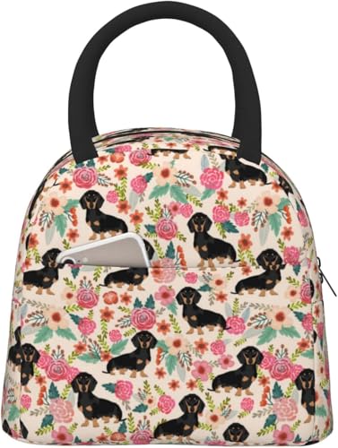 保冷 がま口 ランチバッグ ブラック お弁当箱 ダックスフンド かわいい フローラル柄 犬 ショッピングバッグ 手提 エコバック 保温バック クーラーバッグ 肩掛け 軽量 ソフト多機能