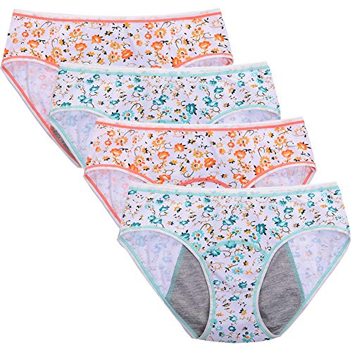 Teens Mesh Holes Breathable Menstrual Period Panties Girls Heavy Flow Leak Proof Hipster Underwear Mulit Pack (4packs cotton period panties:Orange2+Green2, XS/XXS(80-115 lbs))