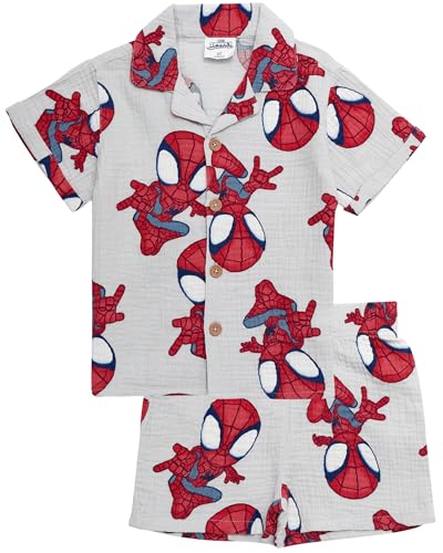 Marvel Spider-Man Button Up Shirt and Shorts Set Boys 2 Piece Outfit Set for Toddlers Gauze Set 100% Cotton (3T)