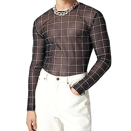 Evankin Mens Sexy Lace Shirt Top See Through Grid Print Long Sleeve T-Shirt Sheer Mesh Undershirts for Male