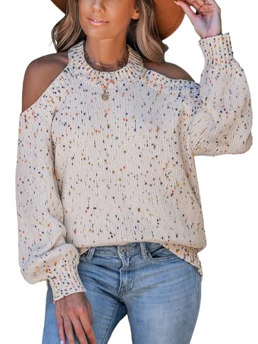 Image of CUPSHE Women's Cold Shoulder Oversized Sweaters Long Sleeve Criss Cross Rainbow Pom Knit Jumper Tops