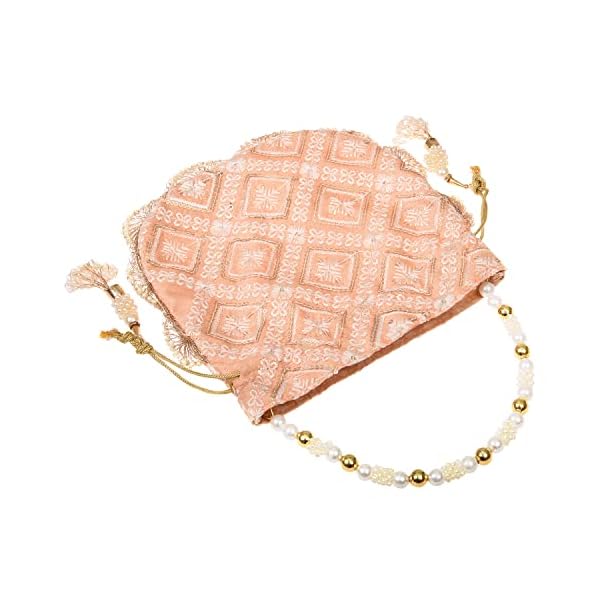Homestic Potli | Silk Fabric Zig Zag Embroidery Potli | Heavy Zari Work Potli | Traditional Indian Beads Drawstring Bags for Wedding | Shagun | Peach - Image 6