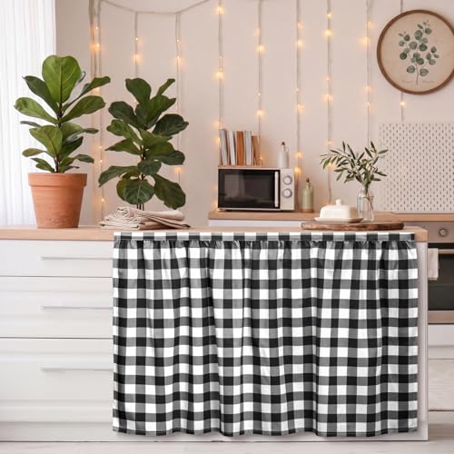 Cabinet Curtains 51 x 28 Inch Black and White Sink Skirt for Bathroom Kitchen Home Diamond Stitch Self Stick Adhesive Waterproof Fabric Farmhouse Rustic Drape Under Desk Privacy Drape Laundry Room