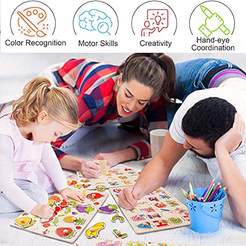 Wooden Peg Puzzles For Toddlers, 4 Pack Abc Letter Alphabet Number Animal Fruit Puzzles For Kids Ages 2-4 Years Old, Montessori Learning Puzzles Toys For Boys And Girls 1 2 3 4 5 #TOP1