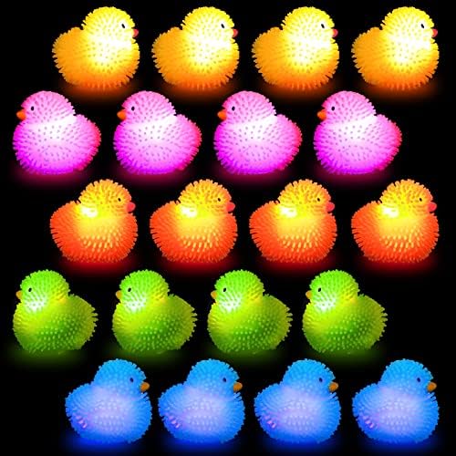 20 Pcs LED Puffer Ball Light up Duck Flashing Rubber Duck Mini Bath Ducks Light up Ball Relieve Toy for Boys Girls for Funky Disco Birthday Party Bathtub Shower Favors, 5 Mixed Colors