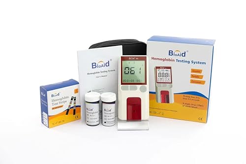 Kit de medidor de prueba de hemoglobina Bioaid con tiras de 25 piezas, 25 lancetas y 25 tubos capilares