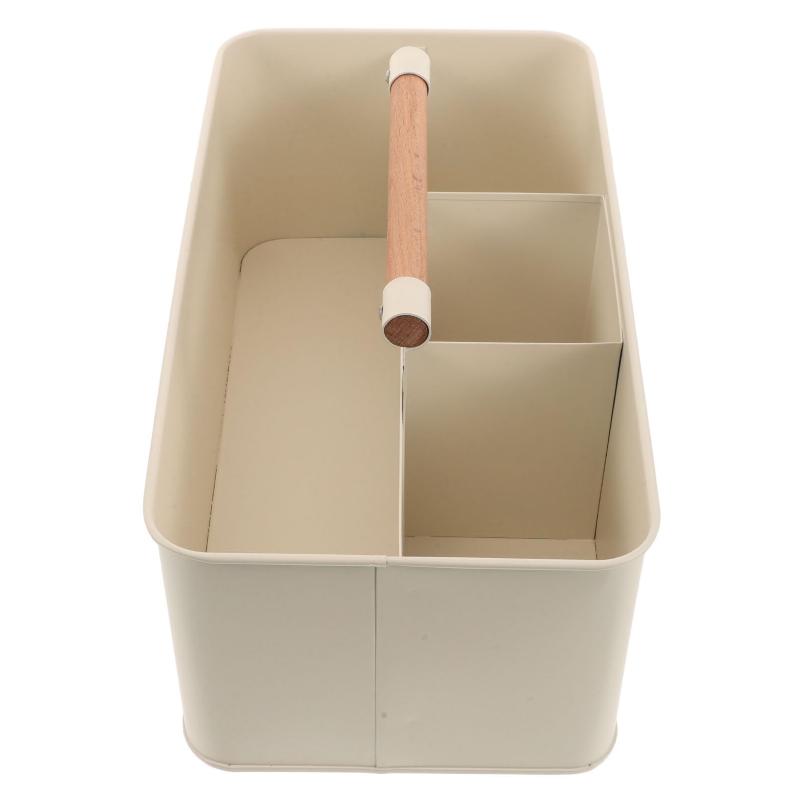 Cesta Organizadora de Herramientas de Jardinería Cesta Metálica Beige con 4 Compartimentos y Mango de Madera de 33x17.5x13 Cm para Plantación Interior y Exterior