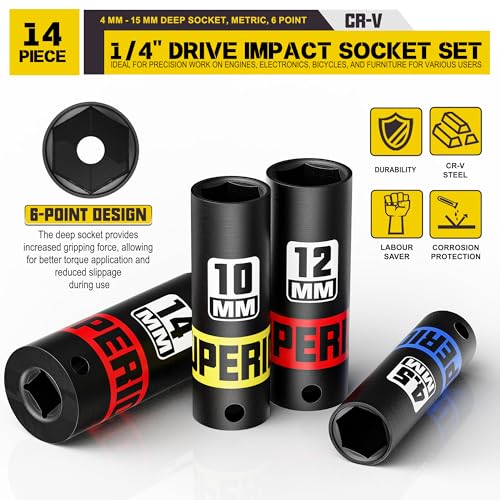 Image of 14 Piece 1 /4 inch Drive Impact Socket Set, 4 mm - 15 mm Deep Socket, Metric, 6 Point, CR-V, Auto Repair Bicycle Maintenance and Furniture Assembly