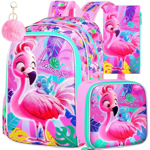 Image of AGSDON 3PCS Flamingo Backpacks for Girls, 16 inch Kids Backpack with Lunch Box, Water Resistant Girl Reflective Bookbag for Elementary