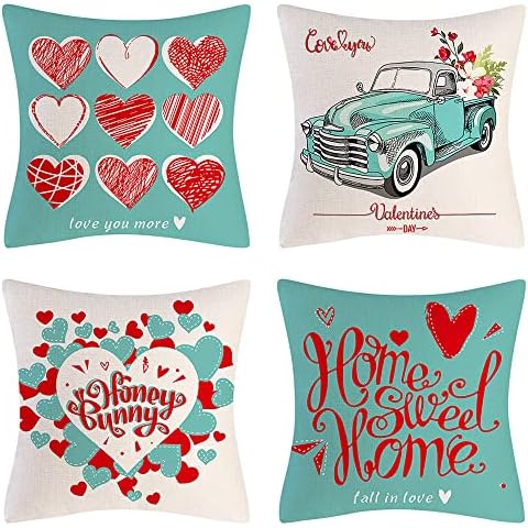 AHAHM Valentine Throw Pillow Covers,Pink Love Heart Rose Wreath Truck Decorative Pillow Cases,Happy Valentines Day Decoration Gifts for Women Wedding Engagement 18x18 Inches Set of 4 Cover