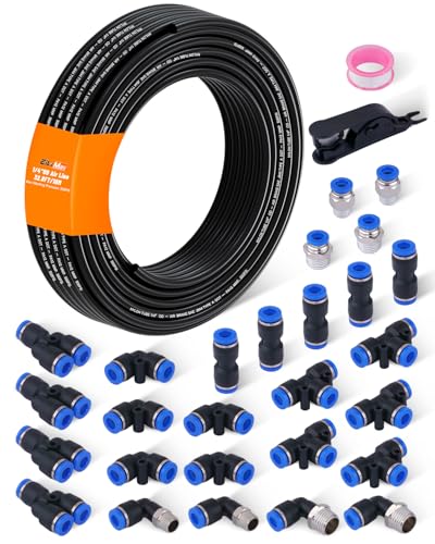 EilxMag 1/4 Air Line Tubing Kit 32.8FT(10M) SAE J844 PA Nylon Air Hose Tubing with Cutter and Teflon Tape 1/4 Air Hose with Push to Connect Fittings for Air Brake System Or Fluid Transfer(30PCS)