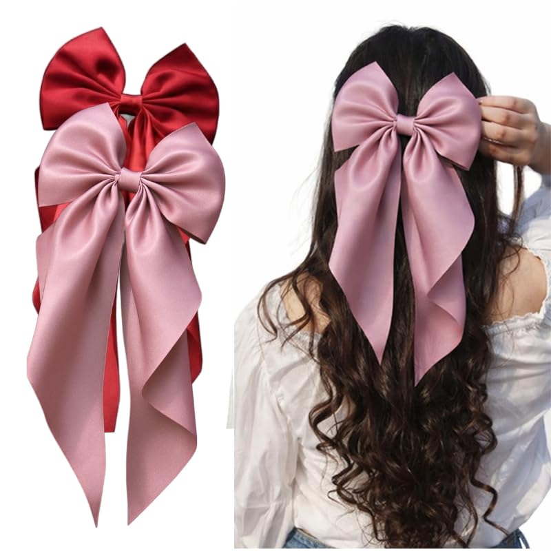 Image of 2 Pack Red & Pink Satin Hair Bow Clips for Women, Cute Hair Accessories for Girls, Hair Bow Clips for Women and Girls, Luxury Silky Satin, Hair Clip - Hair Bows for Women, Bow Hair Clips
