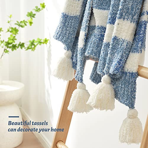 Snuggle Sac Blue Stripe Throw Blanket For Couch, Reversible Throw Blanket Warm Cozy Knit Fuzzy Plush Lightweight For Sofa, Bed, Camping, Picnic, 50 X 60 Inch #TOP5