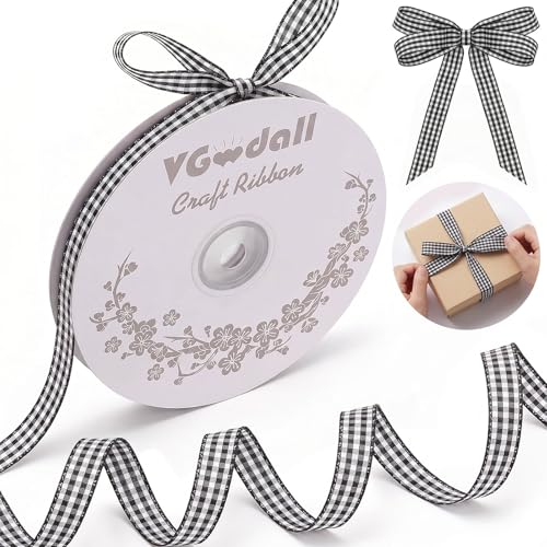 VGOODALL Black Gingham Ribbon 3/8 x 50Yd Buffalo Checkered Ribbons Black and White Plaid Thin Crafts Ribbon for Decorations Gift Wrapping Picnic Hair Accessories