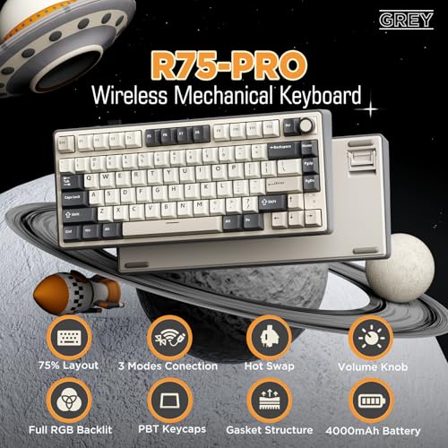Image of RK ROYAL KLUDGE R75 Wireless Mechanical Keyboard, 75% Percent Custom Gaming Keyboard Gasket Mount RGB Backlit with Knob & PBT Keycaps, BT5.1 /2.4GHz /USB-C, Hot Swappable Cream Switch, White