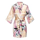 Women's Floral Kimono Robe Bride Bridesmaids Satin Robes Short Peacock Bathrobe Wedding Bridal Party