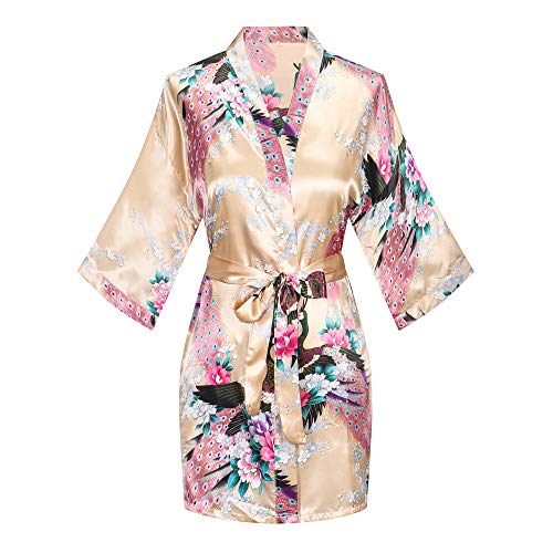 Women's Floral Kimono Robe Bride Bridesmaids Satin Robes Short Peacock Bathrobe Wedding Bridal Party Sleepwear, Champagne S #TOP17