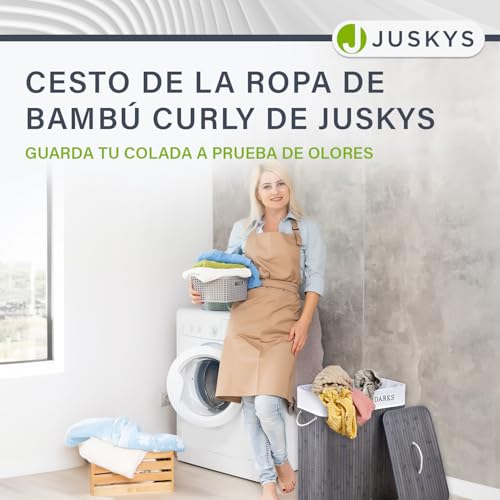 Juskys Cesto para la ropa de bambú rizado 100 litros en gris - Cubo para la ropa con tapa, asa y 2 compartimentos - Bolsa para la ropa de tela, extraíble y lavable - imagen 8
