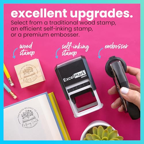 ExcelMark Personalized Book Embossers & Stamps - Personalize a Book Embosser, Wood Stamp, or Self-Inking Mount (Wildflower, Round)