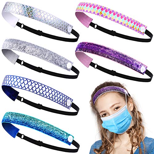6 Pieces Glitter Non-Slip Headbands with Buttons Adjustable Bling Sport Headband Scale Elastic Lined Button Hairbands for Women Girls Hair Accessories (Chic Colors)