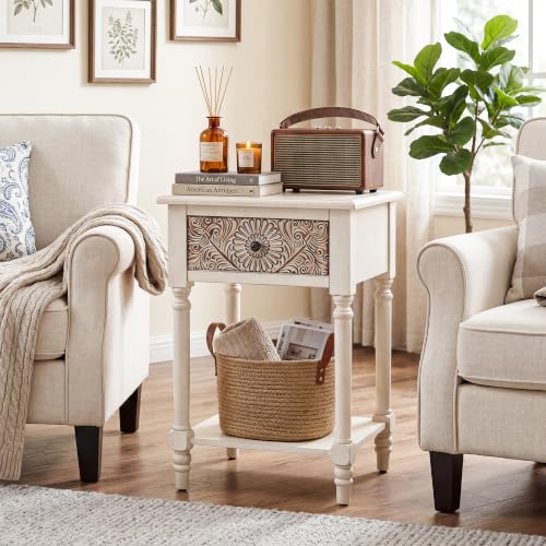 Image of HOMPUS Fully Assembled Farmhouse Nightstand with Drawer and Shelf, Vintage Nightstand with Flower Pattern, Wood End Table, Small Bedside Table Night Stand for Living Room, Bedroom, Distress White