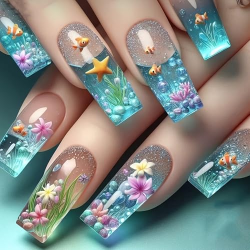 24Pcs Blue Ocean Coffin Press on Nails Long Fake Nails with Fish ...