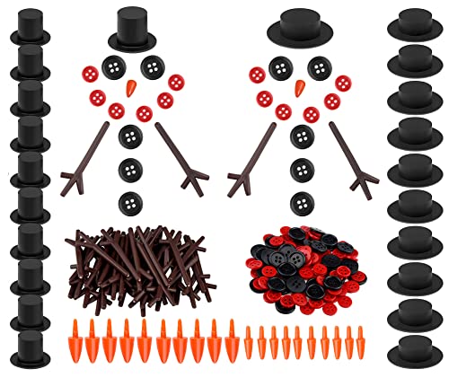 200 Pieces Christmas Snowman DIY Craft Buttons Kit - 20 Carrot Noses Buttons, 20 Mini Black Top Hats, 40 Trigeminal Snowman Hands and 120 Tiny Buttons for Christmas Holiday Party Crafts Supplies